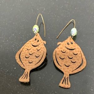 Fish earrings flounder faux leather laser cut handmade tan brown